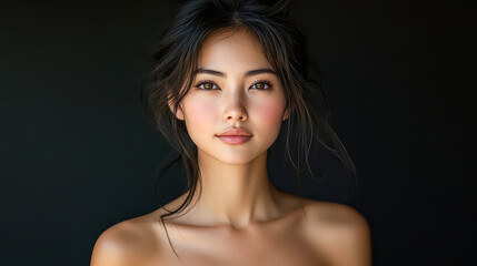 Fototapeta premium Beauty portrait of young Asian woman in dress on black background.