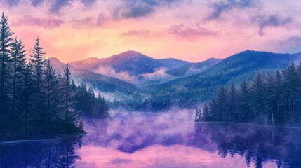 Fototapeta premium Tranquil mountain panorama at dawn, mist veiling a forest, a serene lake mirroring radiant hues of the daybreak.