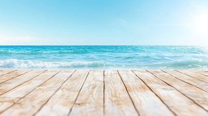 Fototapeta premium Wooden Deck Overlooking Ocean; Summer Beach Scene