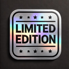 Metallic silver square label with rounded edges and holographic effect, with the words 'LIMITED EDITION' in bold black capital letters, on an isolated black background
