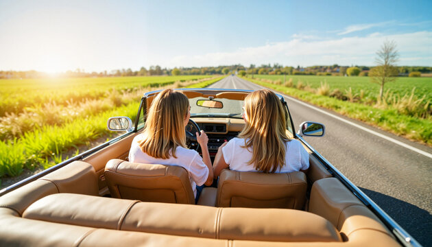 Teenage friends enjoying a convertible drive down countryside road, spring break