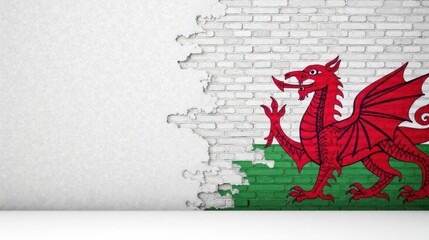 A weathered brick wall reveals a red dragon emblem, a symbol of heritage and resilience