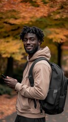 Smiling Man Using Smartphone in Autumn Park
