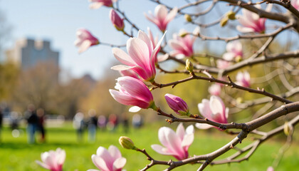 Obraz premium Magnolia buds blooming in city garden, springtime beauty