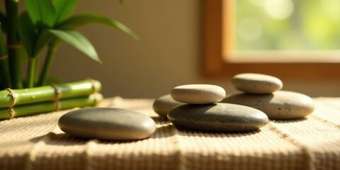 Serene Stones and Bamboo Shoots on Textured Fabric, a Tranquil Setting for Relaxation and Inner Peace