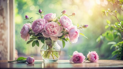 Obraz premium A Delicate Bouquet of Pink Peonies in a Glass Vase on a Wooden Table