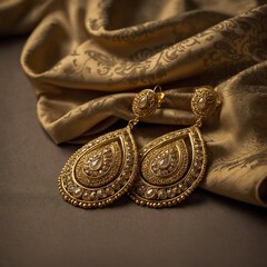 Golden earrings with intricate paisley designs against a silk saree background.