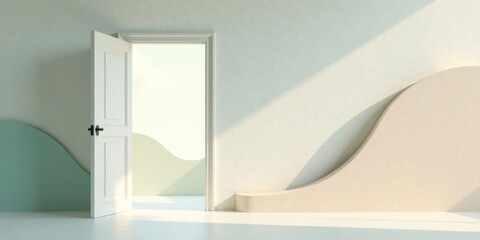 A partially open white door reveals a sunlit room with soft, curved walls in pastel shades
