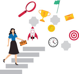 Strategy development, business improvement planning, success checklist or aspiration to growing business, career growth, checklist to success management concept, businesswoman walk up strategy stair