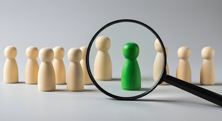 A magnifying glass and a row of wooden figures, with a green figure standing out from the others. Recruitment, talent acquisition concept.
