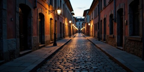 Evening ambiance on a cobblestone street with illuminated lampposts and aged buildings