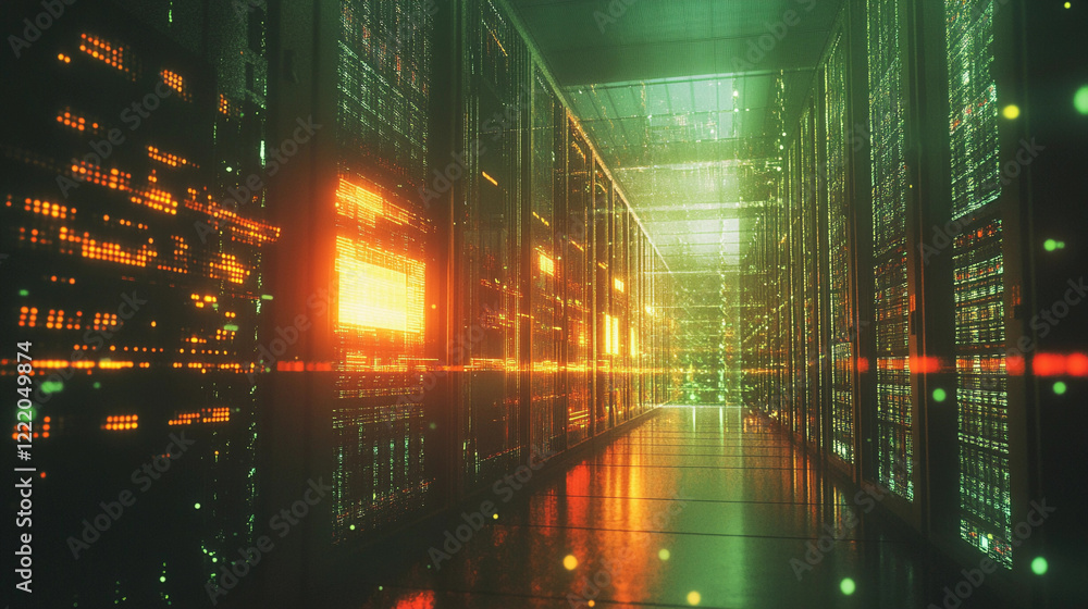 Poster server room filled with data racks and glowing lights showcasing technology advancements in a modern
