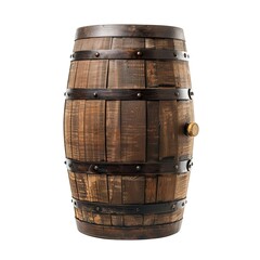Fototapeta premium A wooden barrel with metal bands, typically used for aging beverages like wine or whiskey. isolated on white background