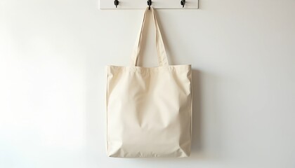 Beige tote bag hanging on a hook against a white wall.  Perfect for branding or design mockups.  Simple and clean aesthetic.