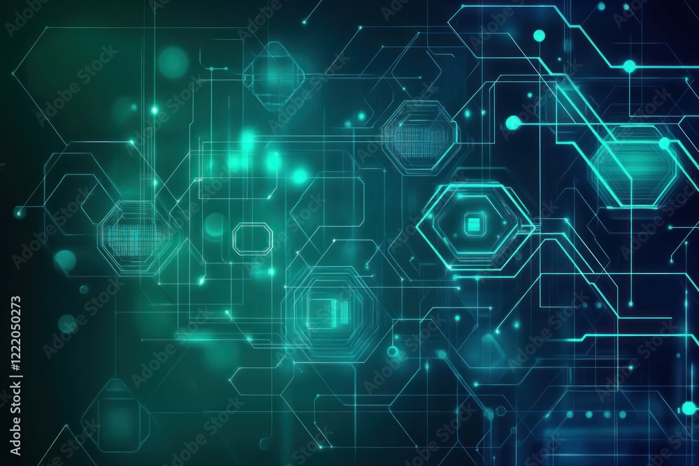 Poster abstract teal and blue technology background with glowing circuits and hexagons.