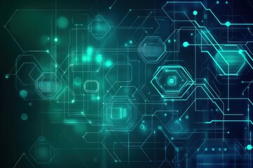 Obraz premium Abstract teal and blue technology background with glowing circuits and hexagons.