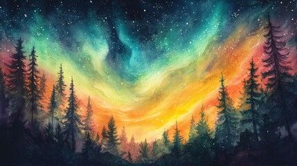 Fototapeta premium Vibrant Night Sky with Colorful Aurora Illuminating a Forest Landscape Under a Starry Sky in a Dreamy Watercolor Style