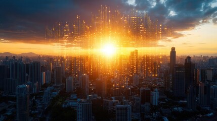 Fototapeta premium Sunset over cityscape with digital elements urban environment landscape vibrant atmosphere