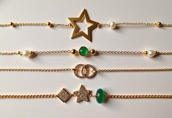 Fototapeta premium Luxury 8k jewelry display of three gold-tone bracelets: star charm, pearls & jade; sparkling stones, interlocking rings & jade; star charm, stones & jade, all showing ice seed translucency & polished 