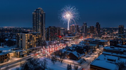 Fototapeta premium Saskatoon Winter Night Fireworks Aerial View