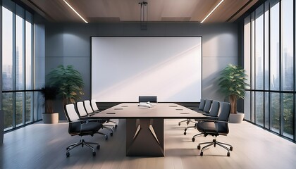Modern boardroom interior with large blank canvas for signage or presentation display on wall, natural light through windows. 3D Rendering