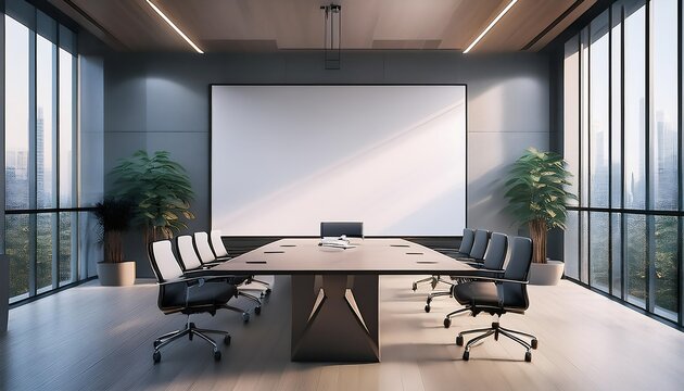 Modern boardroom interior with large blank canvas for signage or presentation display on wall, natural light through windows. 3D Rendering