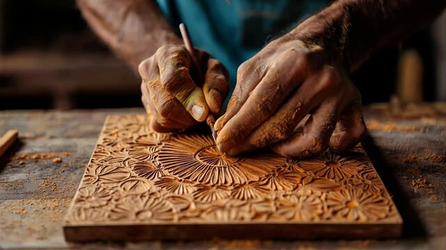 A skilled artisan carves intricate patterns into a wooden panel, showcasing traditional craftsmanship and attention to detail.