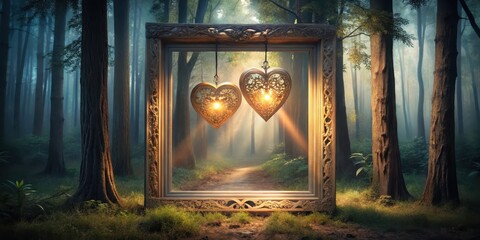 Enchanted Forest Path Illuminated by Glowing Heart Lanterns Within an Ornate Frame