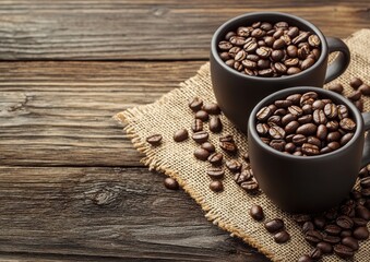 Two dark ceramic cups filled with coffee beans sit on a burlap cloth, surrounded by scattered beans on a rustic wooden surface.