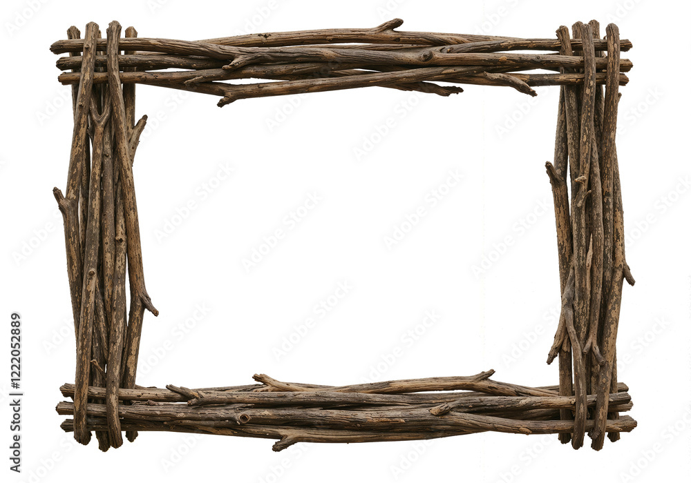 Poster minimalist eco frame made of twigs and branches on a white background . generative ai