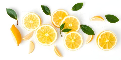 slices of lemon and lemon slices are surrounded by stains of water and green mint leaves, arranged on a white background