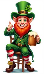 Fototapeta premium Smiling leprechaun sits on a wooden chair, holds a large wooden beer mug, wears a green outfit with red and white striped stockings, and an Irish-style hat.