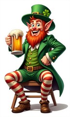 Fototapeta premium Smiling leprechaun sits on a wooden chair, holds a large wooden beer mug, wears a green outfit with red and white striped stockings, and an Irish-style hat.