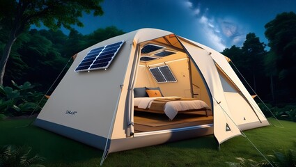 Innovative Solar-Powered Tent Camping in a Serene Forest Nightscape
