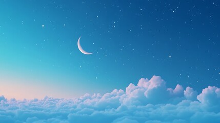  A crescent moon and stars in the sky at dusk, with clouds below, creating an atmosphere of tranquility during Ramadan 