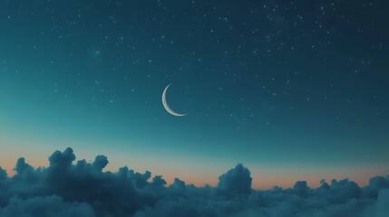  A crescent moon and stars in the sky at dusk, with clouds below, creating an atmosphere of tranquility during Ramadan 