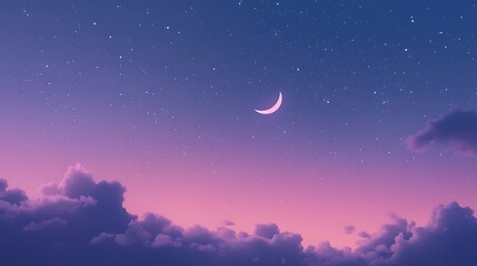  A crescent moon and stars in the sky at dusk, with clouds below, creating an atmosphere of tranquility during Ramadan 