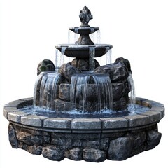 Stone Fountain Surrounded by Water Streams in a Circular Design with Sculpted Features and Rock Elements