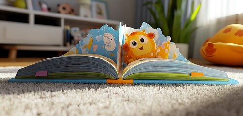 Interactive pop-up baby book with vibrant illustrations on a fluffy carpet