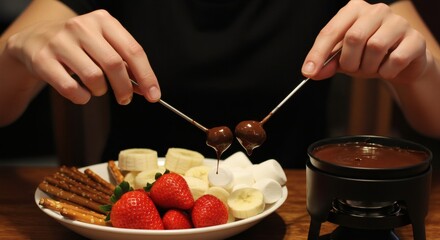 Chocolate Fondue Dipping Strawberries Bananas Marshmallows