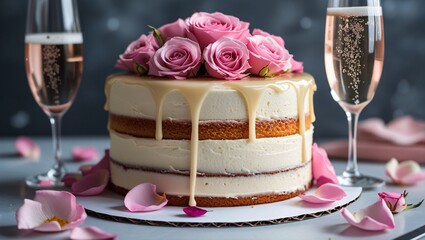 Naklejka premium A sophisticated pink champagne cake with champagne-infused sponge layers, champagne buttercream frosting, and topped with edible rose petals and a champagne glaze drizzle.