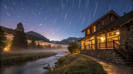 Fototapeta premium Ethereal Hostel Nightscape: Long Exposure Photography of a Mountain Lodge