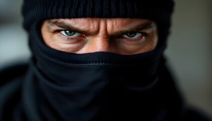 Naklejka premium Intense Man in Black Balaclava Closeup Photo
