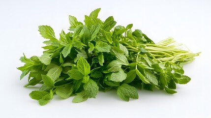 Fresh Green Mint Leaves Bunch Isolated White Background