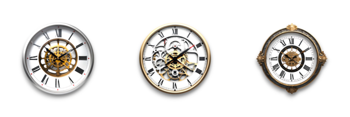 A collection of clocks isolated on a transparent background