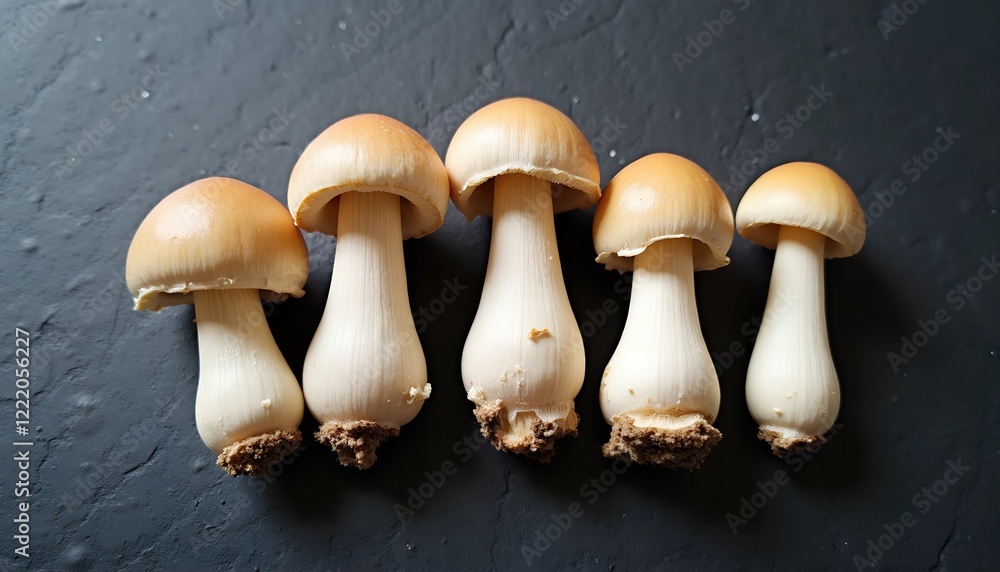 Poster five mushrooms arranged on a dark surface. close-up view showcasing their unique textures and colors