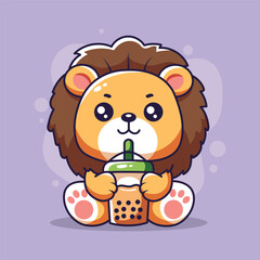 Cute cartoon lion drink of boba. Vector illustration.
