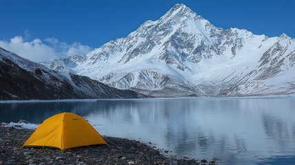 Serene Camping by a Glacial Lake with Majestic Mountain Views