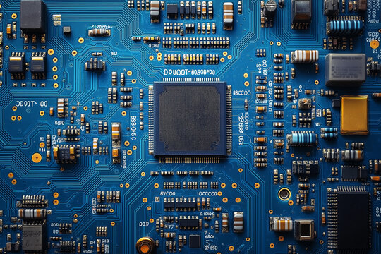 A blue circuit board with a chip in the center. The background is blue and has some white lines that resemble computer circuits. There's also a small icon of a chip on top, indicating it may be used.