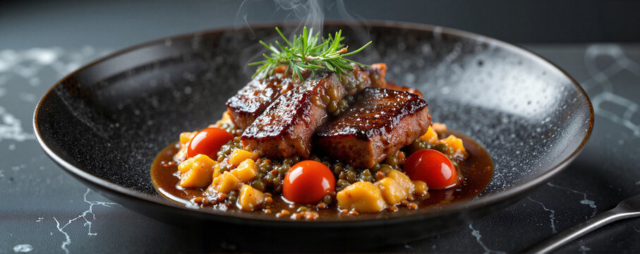 Gourmet osso buco dish garnished with rosemary, culinary artistry